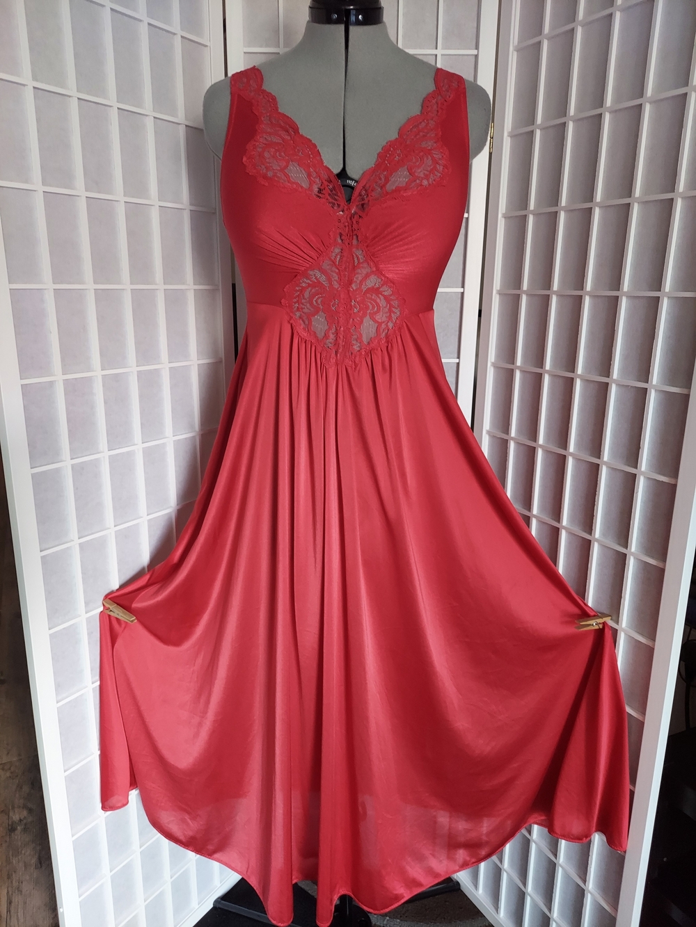 Olga Red Lace-Detail Full Sweep Chemise Nightgown 92150 L